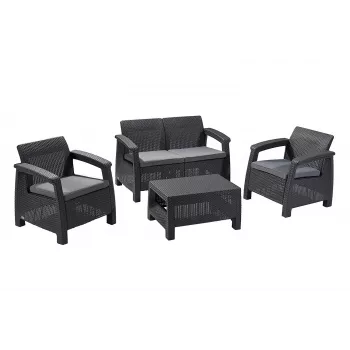 KETER Conjunto de muebles de jardín Corfu gris - sofá 4 plazas, 2 sillones, mesa de centro