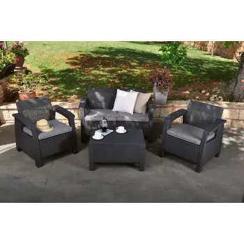 KETER Conjunto de muebles de jardín Corfu gris - sofá 4 plazas, 2 sillones, mesa de centro