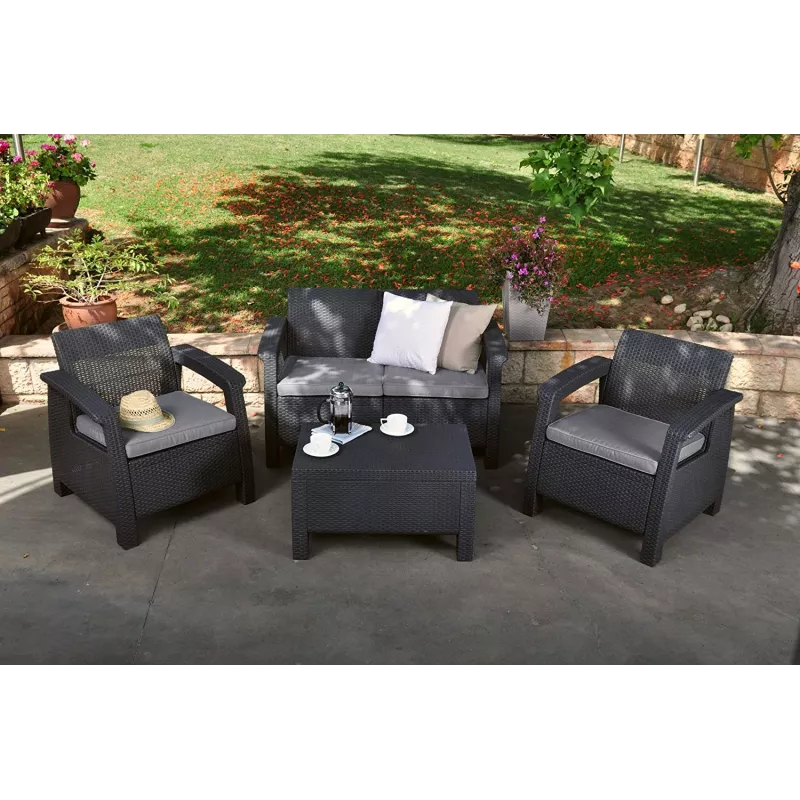 KETER Conjunto de muebles de jardín Corfu gris - sofá 4 plazas, 2 sillones, mesa de centro