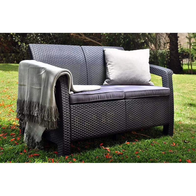 KETER Conjunto de muebles de jardín Corfu gris - sofá 4 plazas, 2 sillones, mesa de centro