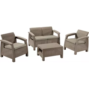 KETER Conjunto de muebles de jardín Corfu Set 3 piezas beige efecto ratán con cojines grises