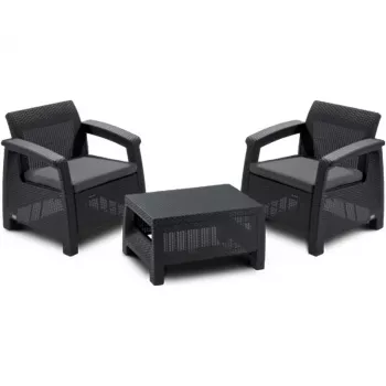 Keter Conjunto de muebles de jardín Corfu Weekend 2 plazas con mesa de centro, efecto ratán gris