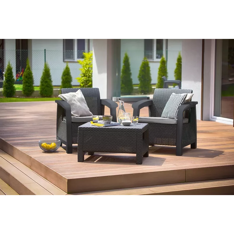 Keter Conjunto de muebles de jardín Corfu Weekend 2 plazas con mesa de centro, efecto ratán gris