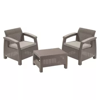 KETER Conjunto de muebles de jardín Corfu Weekend beige - 2 sillones y mesa de centro, efecto ratán, set de lounge exterior