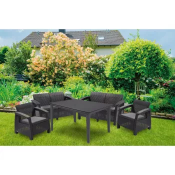 Keter Conjunto de lounge de jardín Corfu Fiesta 6 plazas con mesa de comedor, gris grafito