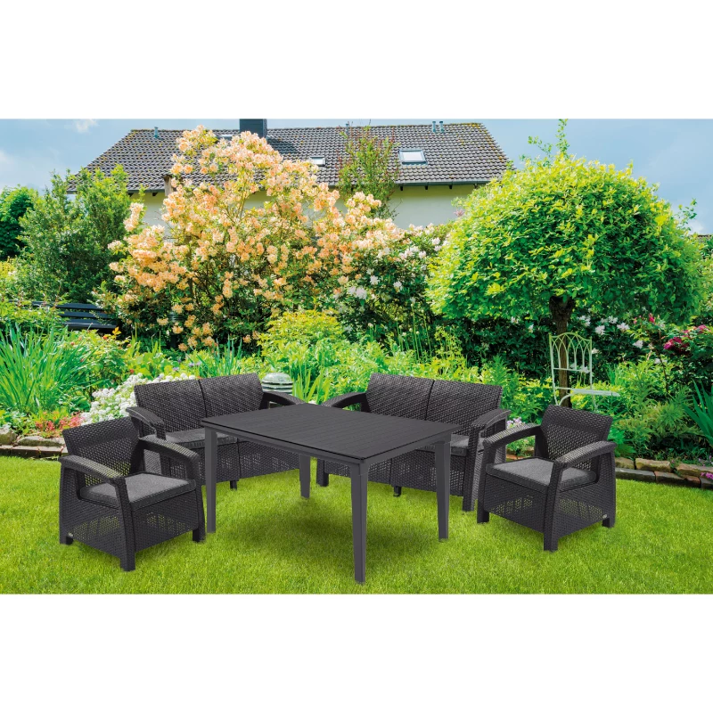 Keter Conjunto de lounge de jardín Corfu Fiesta 6 plazas con mesa de comedor, gris grafito