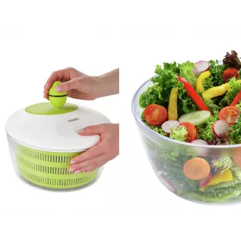 LEIFHEIT Salad Dryer Trend 4.5L Crank-Driven Salad Spinner with Serving Bowl, Green Lid