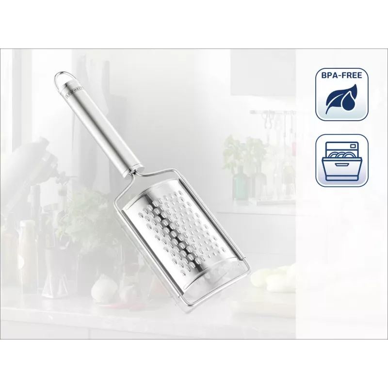 Rallador de nuez moscada Sterling LEIFHEIT – Rallador giratorio manual con compartimento de almacenamiento integrado, superficie ralladora fina de acero inoxidable, plata/negro