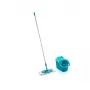 LEIFHEIT Set de limpieza de suelos Clean & Compact con mopa plana y escurridor de pedal, cubo de 8L, cabezal de microfibra, 33cm, blanco/azul