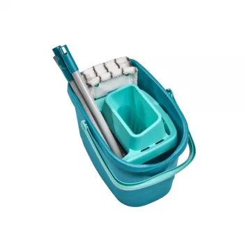 LEIFHEIT Set de limpieza de suelos Clean & Compact con mopa plana y escurridor de pedal, cubo de 8L, cabezal de microfibra, 33cm, blanco/azul