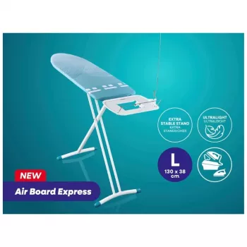 LEIFHEIT Air Board Express L Solid tabla de planchar 130x38 cm con tecnología Thermo-Reflect, altura ajustable 75-98 cm, plegable, forma de hombro, patas antideslizantes, soporte para la plancha, sujetacables, blanco/azul