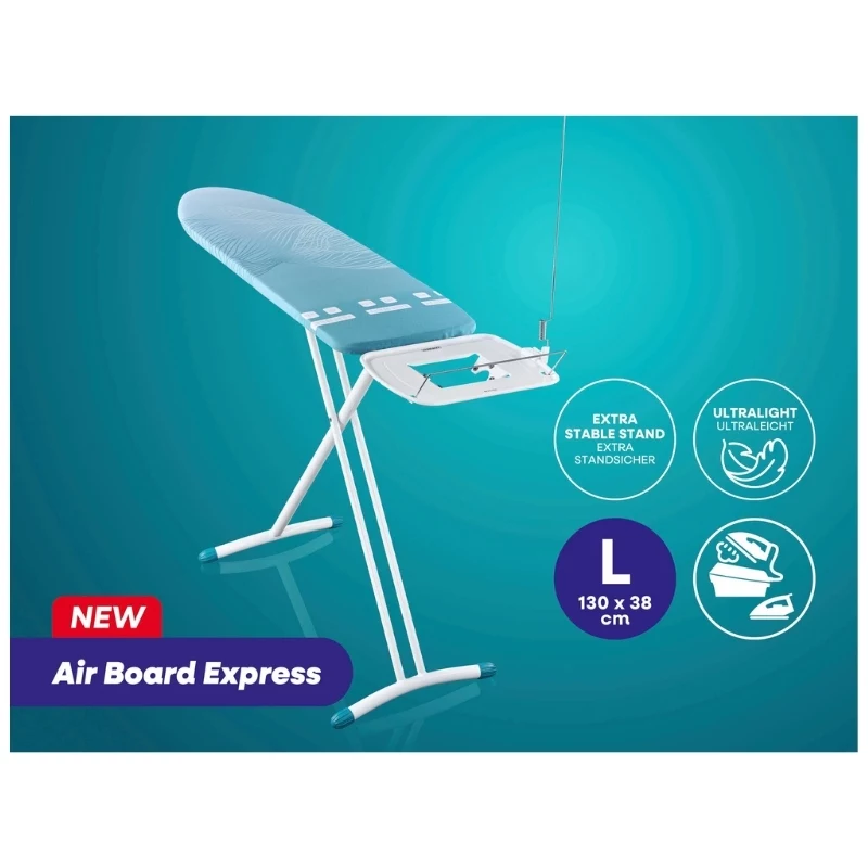 LEIFHEIT Air Board Express L Solid tabla de planchar 130x38 cm con tecnología Thermo-Reflect, altura ajustable 75-98 cm, plegable, forma de hombro, patas antideslizantes, soporte para la plancha, sujetacables, blanco/azul
