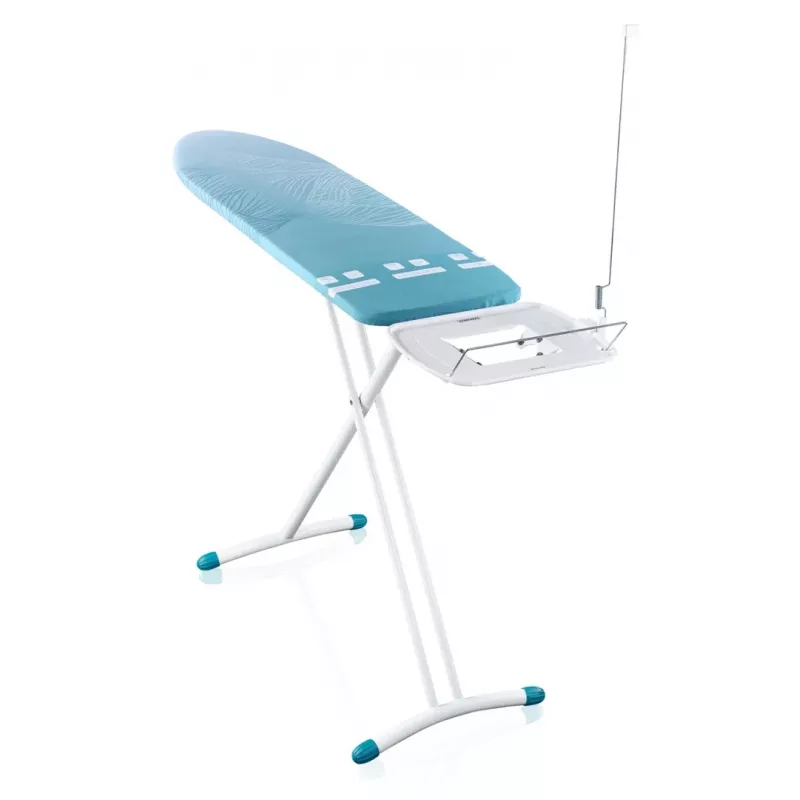 LEIFHEIT Air Board Express L Solid tabla de planchar 130x38 cm con tecnología Thermo-Reflect, altura ajustable 75-98 cm, plegable, forma de hombro, patas antideslizantes, soporte para la plancha, sujetacables, blanco/azul
