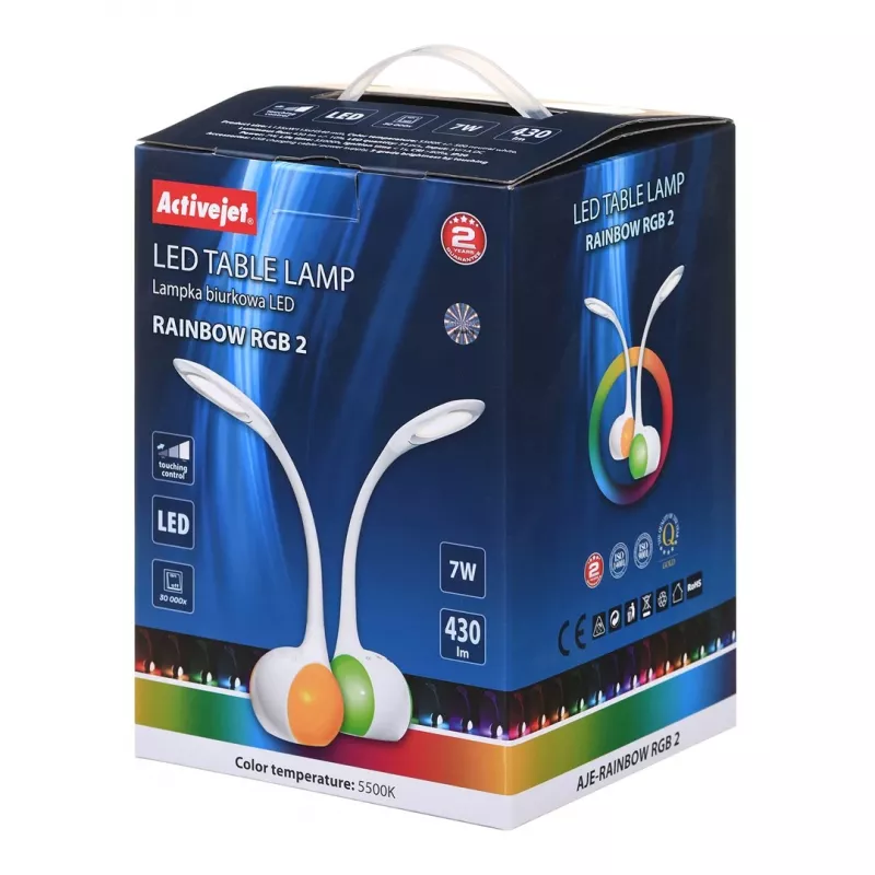 Activejet AJE-RAINBOW 2 lámpara de escritorio LED con base RGB, brazo flexible, regulable, control táctil, luz principal 7W, 350lm, 2800K-6500K, negra