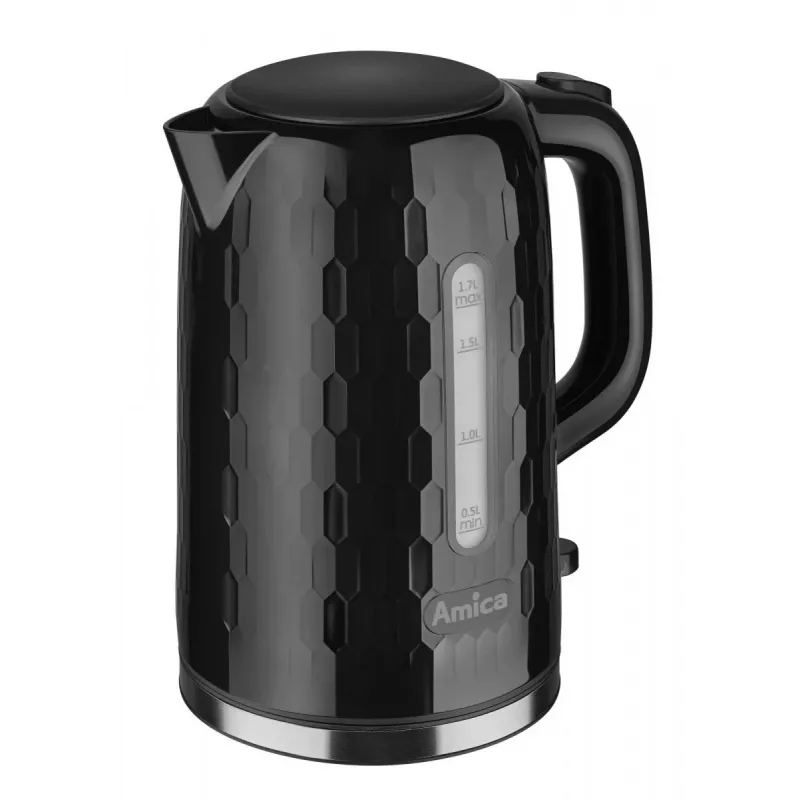 AMICA hervidor de agua KM3010 1,7L negro – hervidor inalámbrico de acero inoxidable 2200W con resistencia oculta, base 360°, apagado automático y protección contra funcionamiento en seco