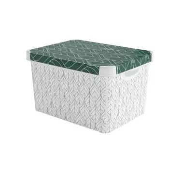 CURVER Deco Stockholm L Caja de almacenamiento con tapa, 39,5 x 29,5 x 23,5 cm, Green Leaves