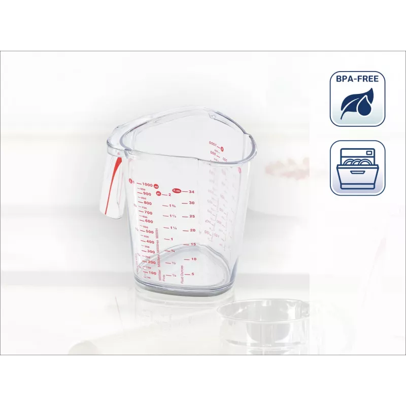 LEIFHEIT jarra medidora 1L, transparente, plástico SAN, escalas ml/L/gramo, apta para lavavajillas