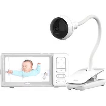 Chillax DM685 videovigilante para bebés Wi-Fi/FHSS con unidad para padres de 5 pulgadas, cámara 1080p, función giro-inclinación, visión nocturna, intercomunicador, sensor de temperatura, canciones de cuna, blanco