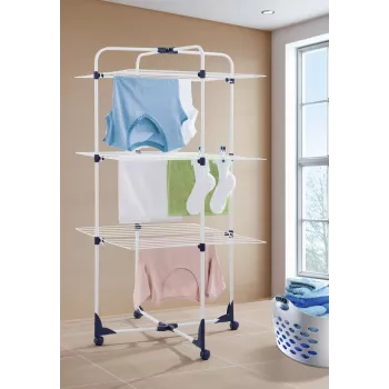 LEIFHEIT Classic Tower 270 tendedero para interior y exterior, 27 m de tendedero, plegable, 3 niveles, blanco/azul