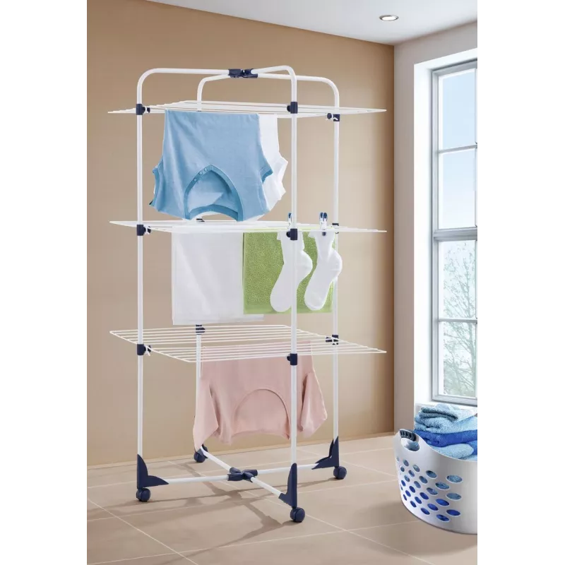 LEIFHEIT Classic Tower 270 tendedero para interior y exterior, 27 m de tendedero, plegable, 3 niveles, blanco/azul