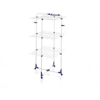 LEIFHEIT Classic Tower 340 tendedero interior/exterior, plegable, 34 m de tendedero, 3 niveles, blanco con detalles azules, ruedas 360°