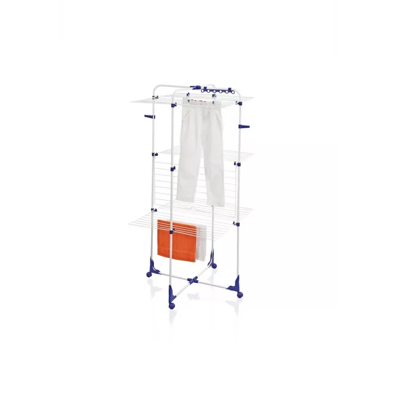 LEIFHEIT Classic Tower 340 tendedero interior/exterior, plegable, 34 m de tendedero, 3 niveles, blanco con detalles azules, ruedas 360°