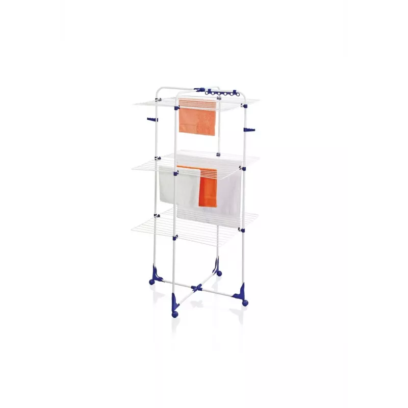 LEIFHEIT Classic Tower 340 tendedero interior/exterior, plegable, 34 m de tendedero, 3 niveles, blanco con detalles azules, ruedas 360°