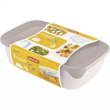 Curver Fresh & Go set de cajas de almacenamiento, 3 recipientes rectangulares, 2L + 1L + 0,5L, transparentes con tapas herméticas de colores