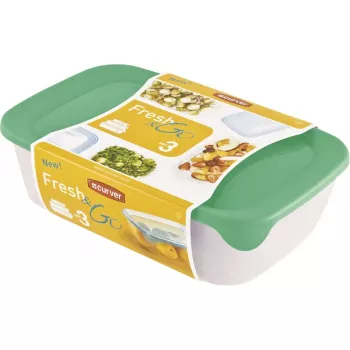 Curver Fresh & Go set de cajas de almacenamiento, 3 recipientes rectangulares, 2L + 1L + 0,5L, transparentes con tapas herméticas de colores