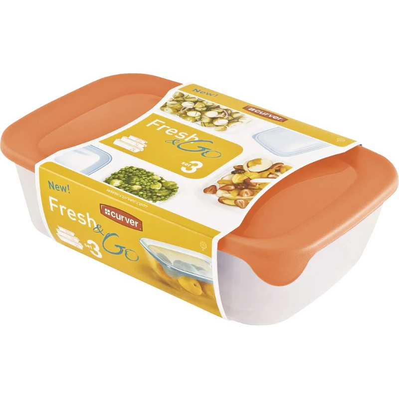 Curver Fresh & Go set de cajas de almacenamiento, 3 recipientes rectangulares, 2L + 1L + 0,5L, transparentes con tapas herméticas de colores