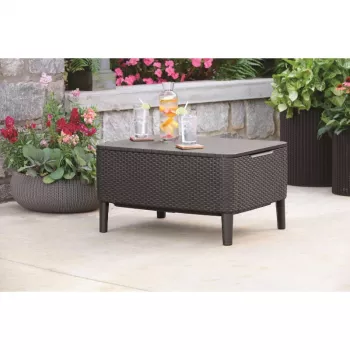 Keter Salemo mesa de centro de exterior en beige – resistente mesa de resina efecto ratán para la terraza