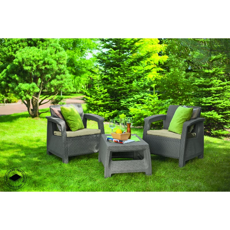 KETER Corfu mesa de jardín, efecto ratán resina, beige, rectangular, resistente a la intemperie, protección UV, montaje sencillo