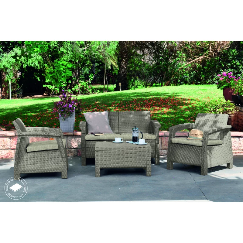 KETER Corfu mesa de jardín, efecto ratán resina, beige, rectangular, resistente a la intemperie, protección UV, montaje sencillo