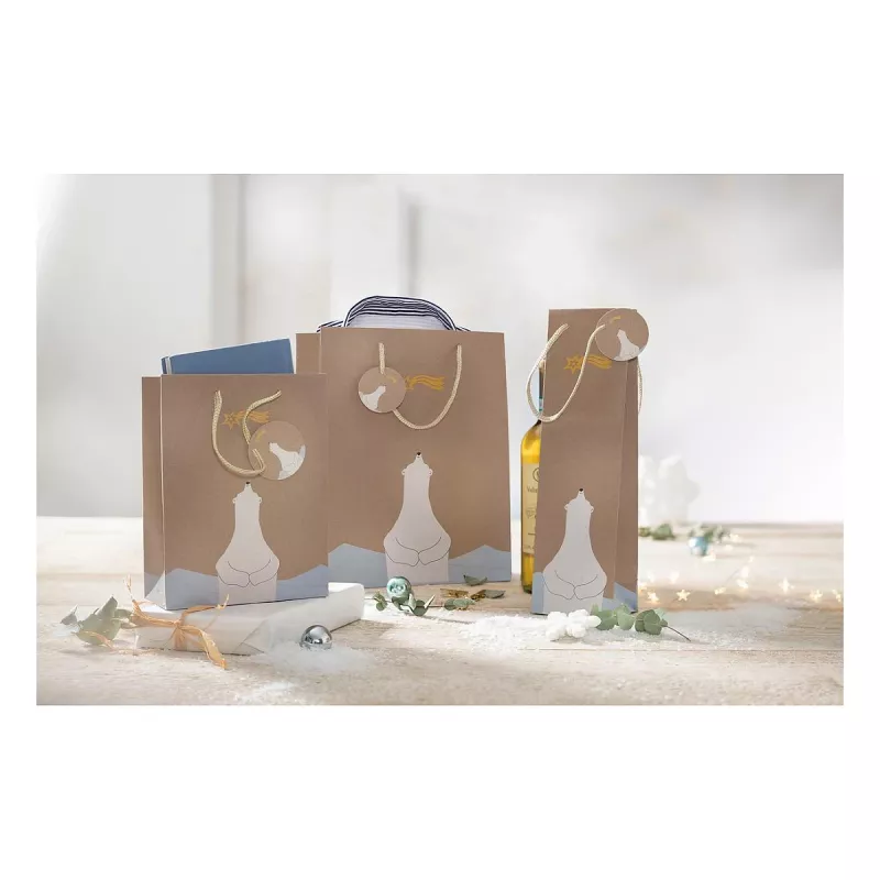 SIGEL GT050 Bolsas de regalo, oso polar con motivo de estrellas fugaces, 17 x 23 cm, pack de 5, papel, asas de cordón, certificado FSC