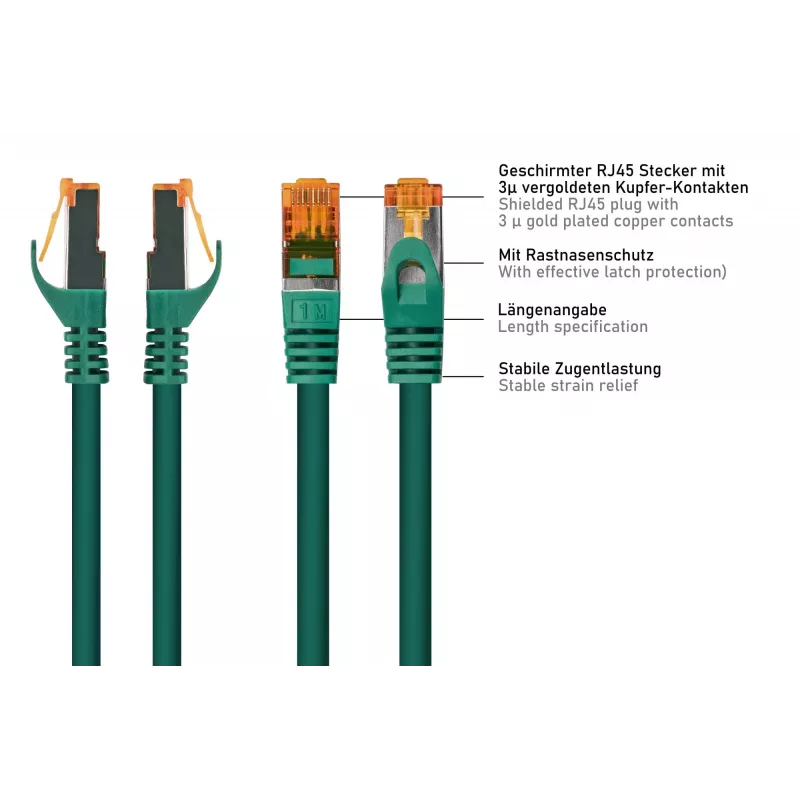 Cable RJ45 Patch Cat.7 sin conector, funda TPE altamente flexible, libre de halógenos, verde, 1m Kabelmeister