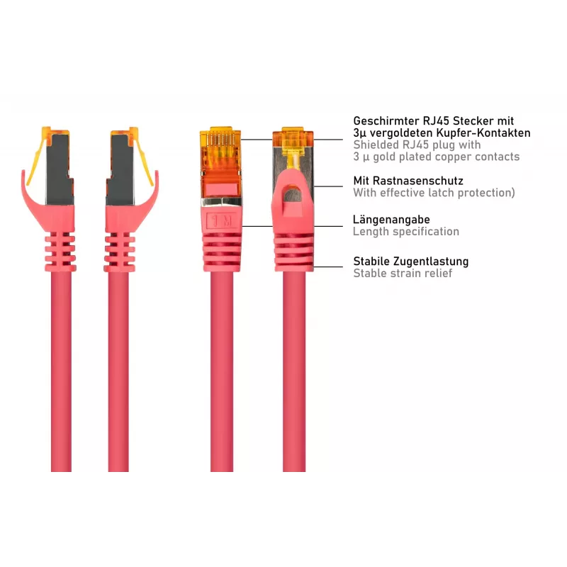 Cable Cat.7 S/FTP Patch, funda TPE, libre de halógenos, magenta, 0,15 m Kabelmeister