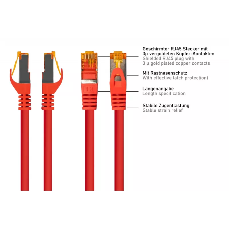 Cable Cat.7 S/FTP RJ45 Patch, funda TPE, libre de halógenos, rojo, 5m Kabelmeister