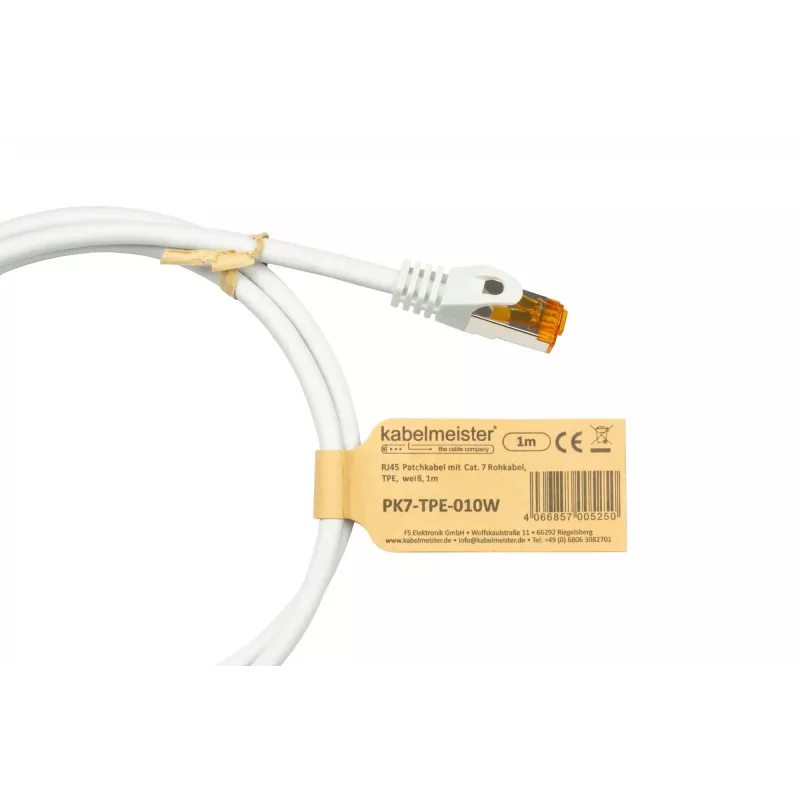 Cable Cat.7 S/FTP Patch, 0,15m, blanco, funda TPE libre de halógenos, 10 Gbps KABELMEISTER