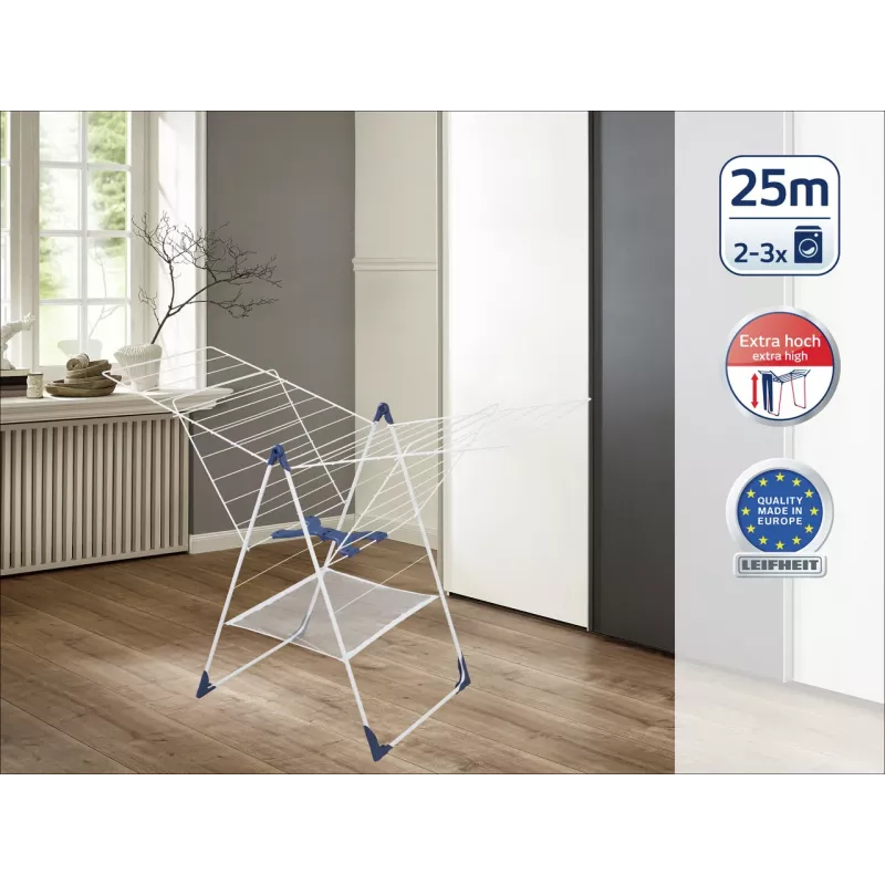 Tendedero Classic 250 Flex LEIFHEIT - 25 m de tendedero, alas ajustables en altura, plegable, blanco/azul