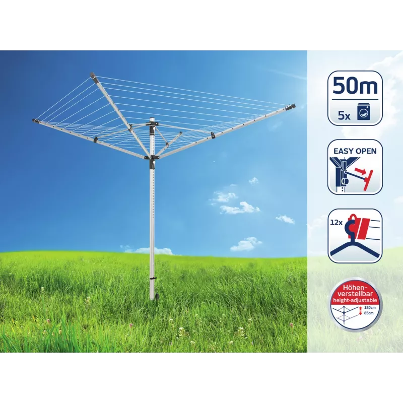 LEIFHEIT LinoLift 500 tendedero giratorio, 50 m de cuerda, estructura de aluminio, altura ajustable 106-179 cm, cuerdas resistentes a los rayos UV, funda de suelo incluida