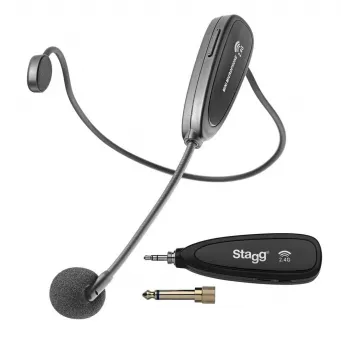 Stagg SUW 12H-BK sistema de micro de diadema inalámbrico UHF con transmisor de petaca y receptor de mesa, 12 canales, negro