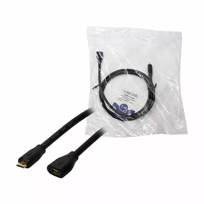 LogiLink CU0121 Cable alargador USB 2.0 Micro-B macho a Micro-B hembra, 1 m, Negro