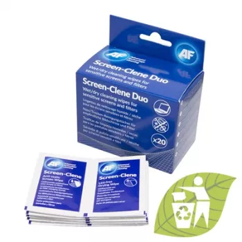 AF Screen-Clene Duo Wipes - Toallitas de limpieza húmedas/secas para pantallas, 20 sobres (10 húmedos + 10 secos)