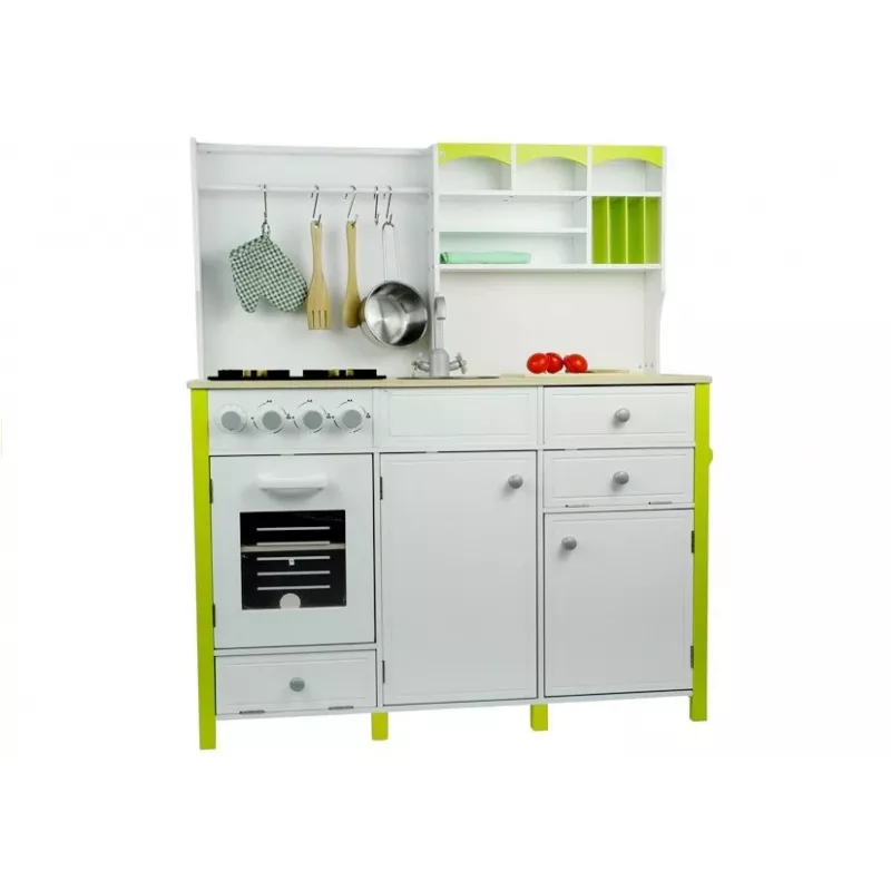 LEAN TOYS Cocina de juguete de madera para niños verde y blanca Paula con horno y microondas que se abren