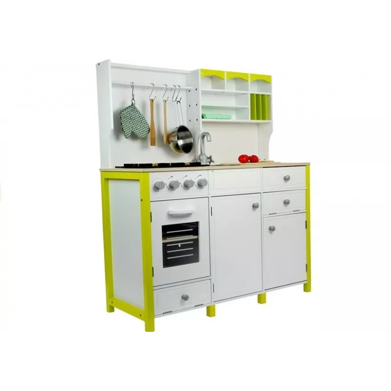 LEAN TOYS Cocina de juguete de madera para niños verde y blanca Paula con horno y microondas que se abren