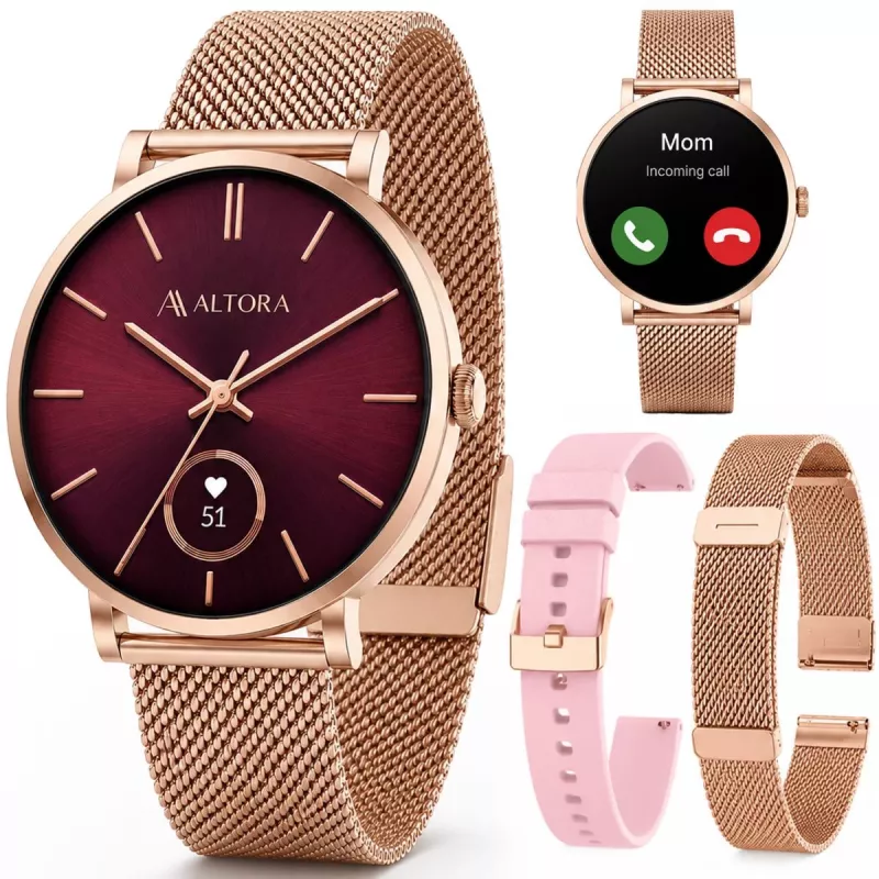 3MK PROTECTION Smartwatch Altora Vivid Lady – AMOLED, frecuencia cardíaca, SpO2, IP68, correa de silicona rosa