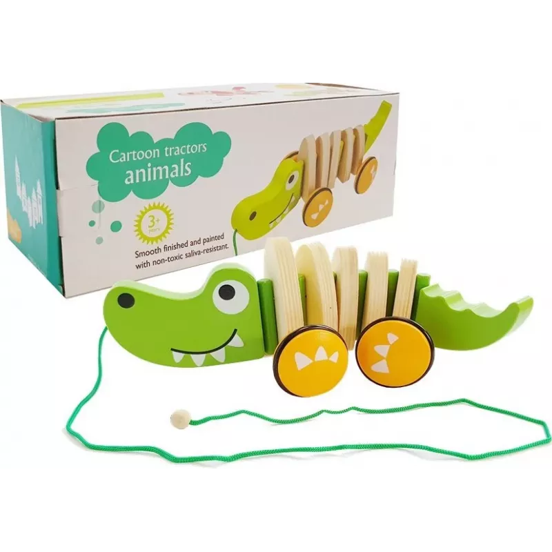 LEAN TOYS Cocodrilo de madera con ruedas 18cm Juguete de arrastre