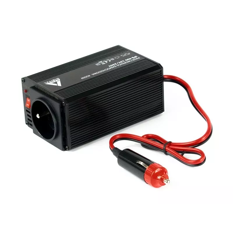 AZO Digital IPS-400 Inversor 400W 12V DC a 230V AC con onda sinusoidal modificada, toma Schuko, bornes de batería y conector de mechero