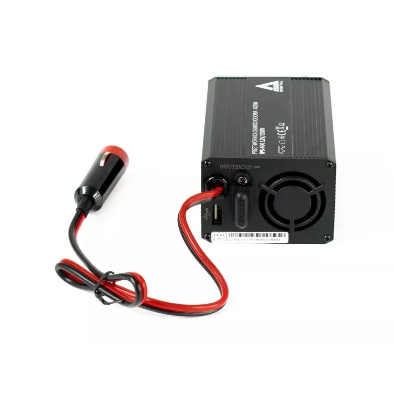 AZO Digital IPS-400 Inversor 400W 12V DC a 230V AC con onda sinusoidal modificada, toma Schuko, bornes de batería y conector de mechero