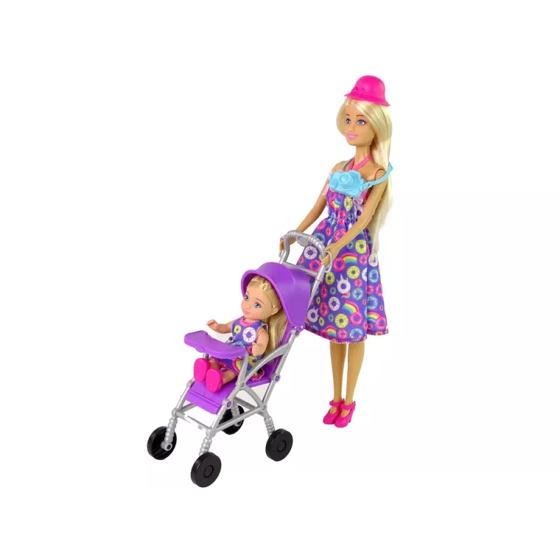LEAN TOYS Set de carrito de muñecas con accesorios – Cochecito rosa con muñeca de peluche, biberón, manta y bolsa